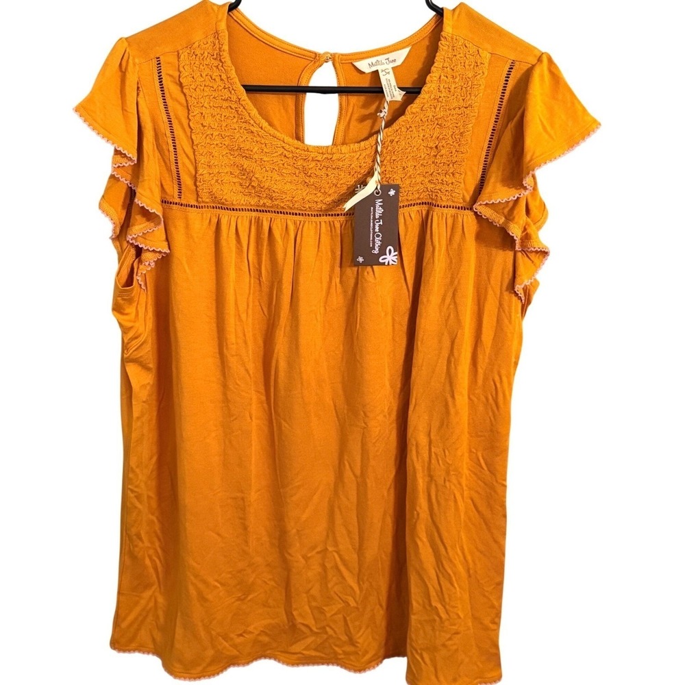 Matilda Jane Sunny Orange Flutter Sleeve Smocked Neck Top Women's L